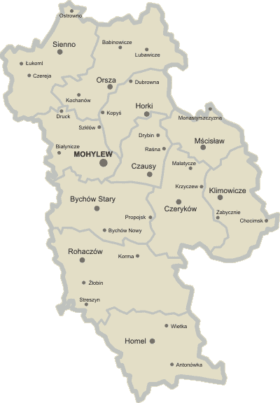 Gubernia mohylewska - powiaty i większe miasta i miasteczka Mapa guberni mohylewskiej