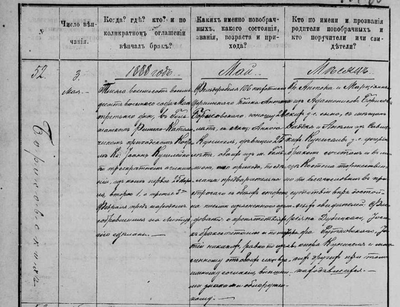 Metryka ślubu Antoni Borysowski i Anna Kunigiel Holszany 1888r.