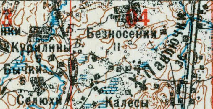 Фрагмент карты 1927 года с деревней Павлючки маштаб 2 версты в дюйме. IX-29 (Быки)