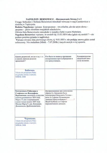 metryka chrztu (- str.1) <br>Napoleona Bernowicza w odpisie z rosyjskiego oryginalu
