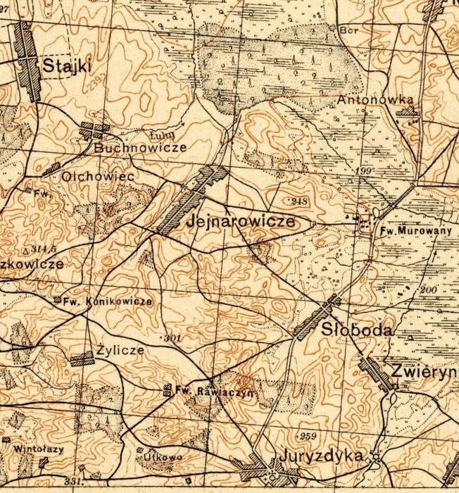 Здымак са старой польскай карты. Добра бачна, што галоўны ручай, з якога бярэ пачатак рака Гайна (Айна) пачынаецца каля Айнаравіч. Ручай, з якога бярэ пачатак рака Ілія пачынаецца каля Бухнавіч. Паміж Айнаравічамі і Бухнавічамі і праходзіць вадападзел.