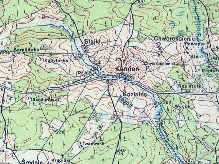 Здымак са старой карты. Камена і Казінец, дзе былі старажытныя гарадзішчы... 