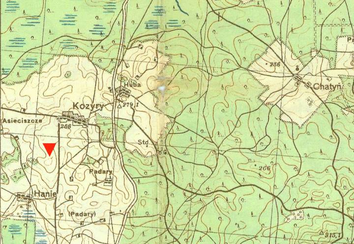 Здымак са старой карты паказвае стан до 1913 года. Стрэлка паказвае, дзе было старажытнае пасяленне...