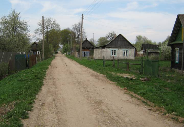 Родзевічы. У старым сяле вузкая вуліца. Дзе на першым плане здымка бачым дарогу, то 5-7 стагоддзяў назад быў мост цераз ручай...