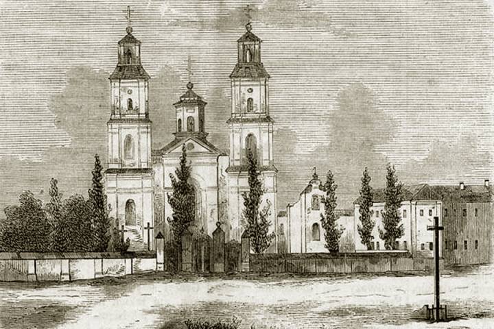 Рисунок XIX века показывает, как солидно выглядел главный бытенский храм, костел Святого Иосафата: