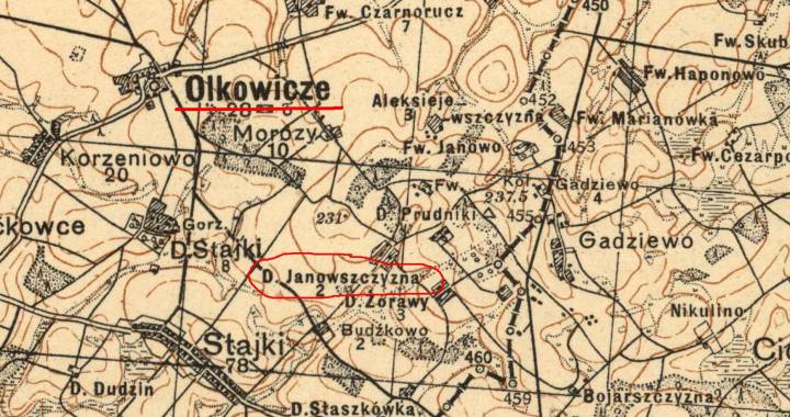 przedwojenna mapa okolic Olkowicz z zaznaczonym rejonem folwarku Janowszczyzna 
