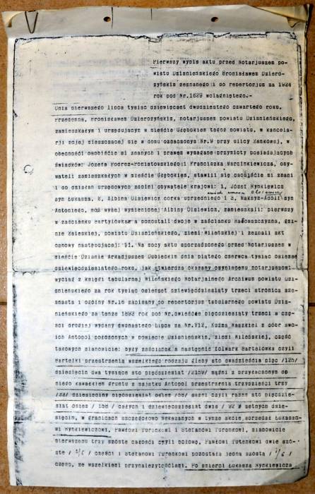 Wypis aktu notarialnego z 1924 roku dot. Bartylówki str. 1