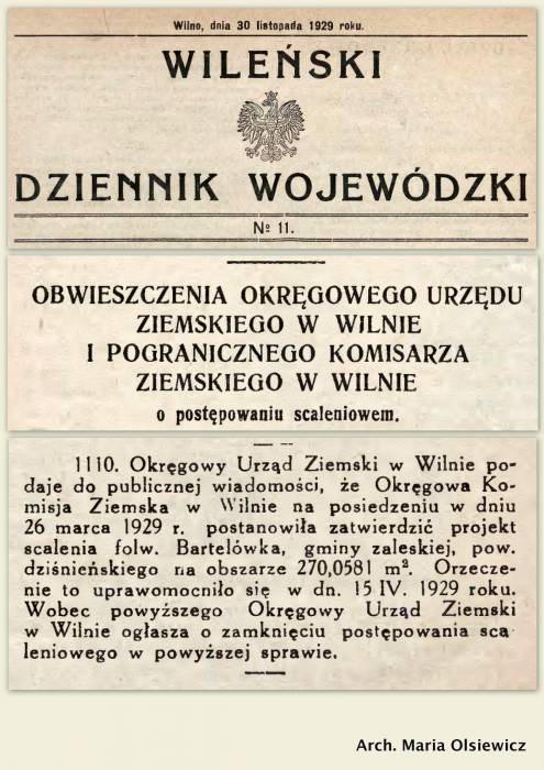 Ogłoszenie w Wileńskim Dzienniku Wojewódzkim potwierdzające scalenie gruntów folwarku Bartelówka.