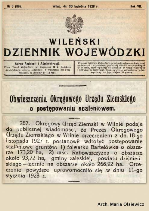 Ogłoszenie w Wieleńskim Dzienniku Wojewódzkim dot. wdrożenia postępowania scaleniowego gruntów folwarku Bartylówka i zaścianka Rabowszczyzna