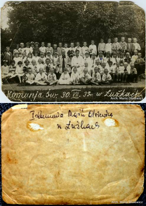 Komunia w Łużkach.<br>Maria Olsiewicz (7 od prawej strony w drugim rzędzie od góry)