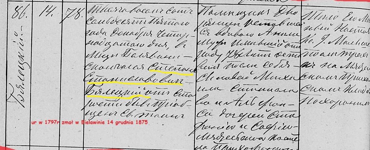 Metryka zgonu Stefana Stanisławowicza Białeckiego radcy tytularnego h. Jelita