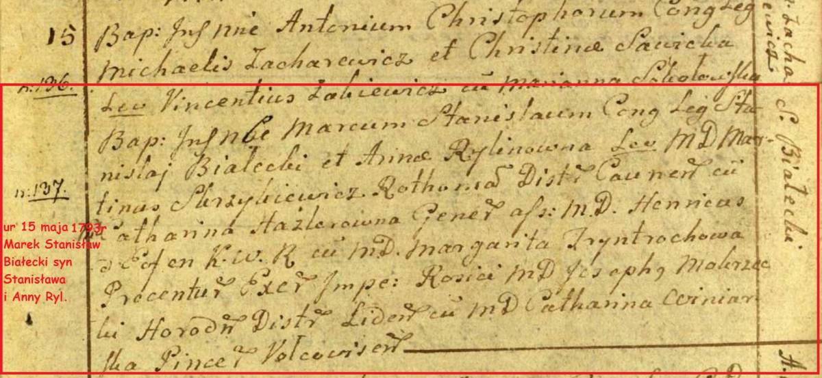 Metryka urodzenia Marka Stanisława Białeckiego w kościele św. Jana w Wilnie