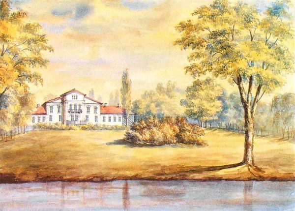 Pałac Ejsmontów w folwarku Burdykowszczyzna. Widok od strony ogrodu. Pałac dwukondygnacjowy z tarasem na parterze i balkonem na pierwszym piętrze w trzykondygnacjowym ryzalicie środkowym oraz z parterowymi skrzydłami. Dat.: d. 24 Sierp. 1876. Napis: Burdukowszczyzna Generałowa Regina Ejsmontowa z domu Obuchowiczówna; napis na podkładzie: Burdukowszczyzna, G. Mińska. 1876. Rys. ołówkiem podmalowany akwarelą. 19,8 x 28,6 cm. Muzeum Narodowe, Kraków. III-r.a. 4454. (Teka Mińska). 