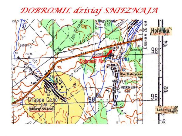 DOBROMIL, dzisiaj Snieżnaja.<br>...Dobromil - fw. w gminie Stara Wies, pow. Slonim (10 km od Zelwy po droze Zelwa-Holynka) - 1930 r. <br>Urzed parafialny dla fw. Dobromil - w Lukonice (ryma-kataliki), Holynka (prawoslawny).<br>Trzeba razumiec jena byla ocrhyzczona w kosciole w Lukonice.<br>Wlasiciel Dobromila - Stef. Polchowska (1930)<br>