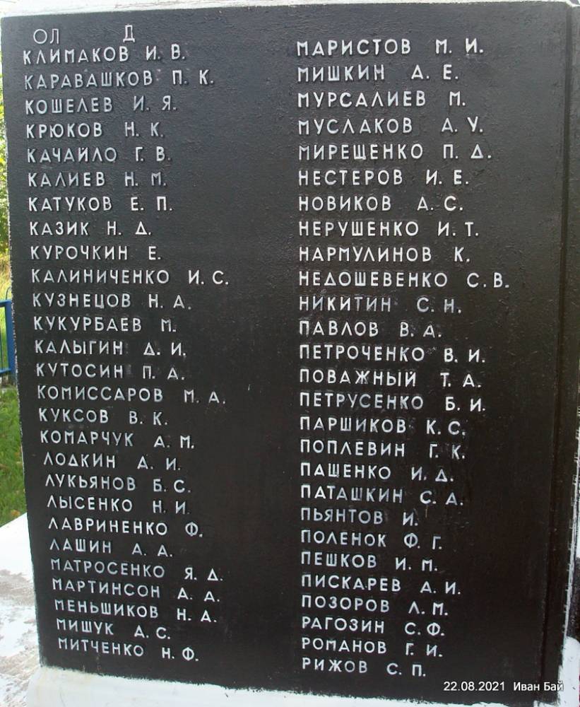 Фамилии захороненых в Братской могиле