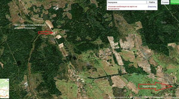 Снимок со спутника. Стрелкой отмечено место положение деревни.